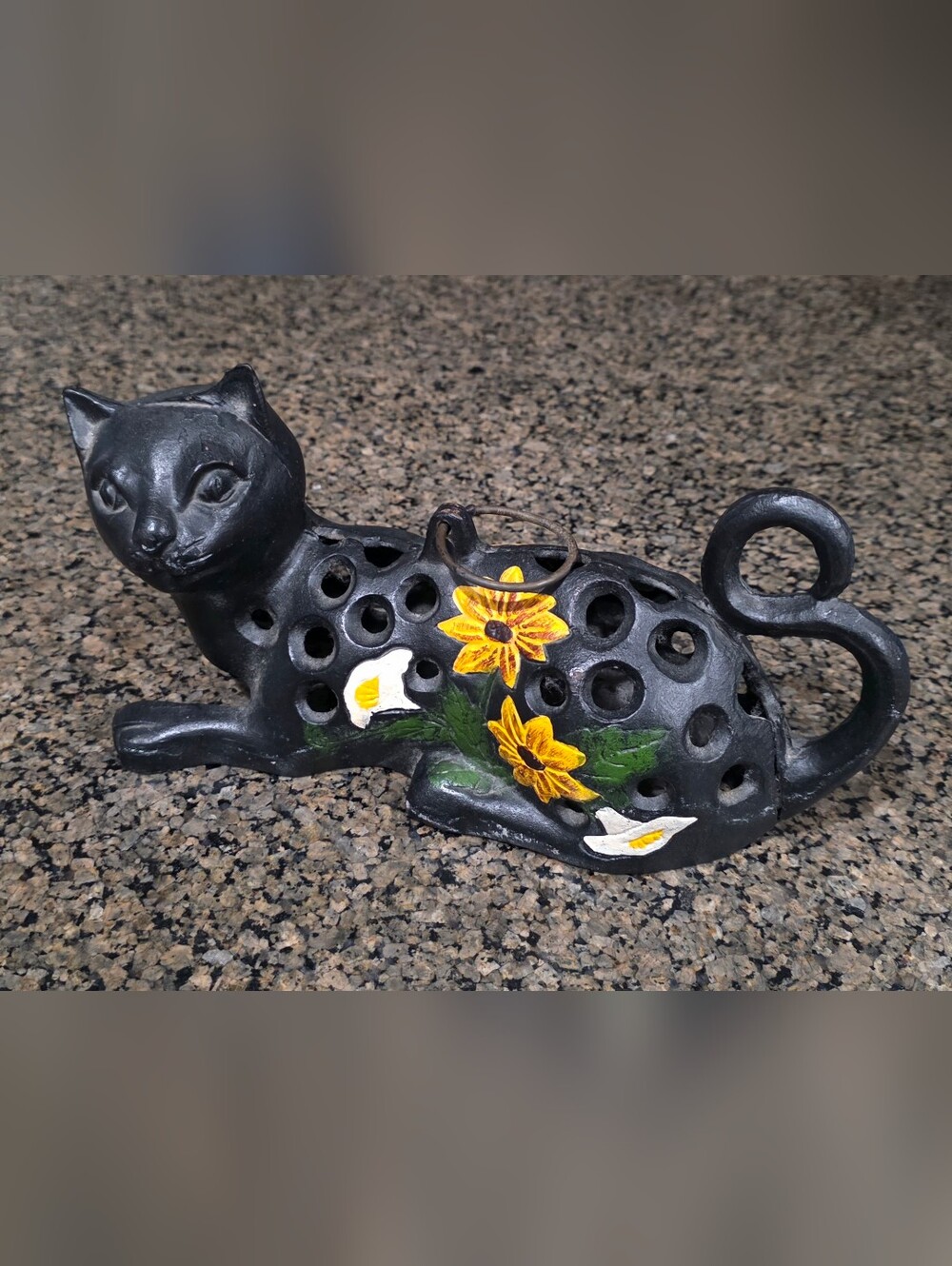 Vintage Cast Iron Black Cat Candle Holder: Hand-Painted Floral Decor rare